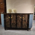 Statement Sideboard Cabinet with Dark Natural Wood Veneer Blue Embossed Side Panels and Gold-Tone Hardware